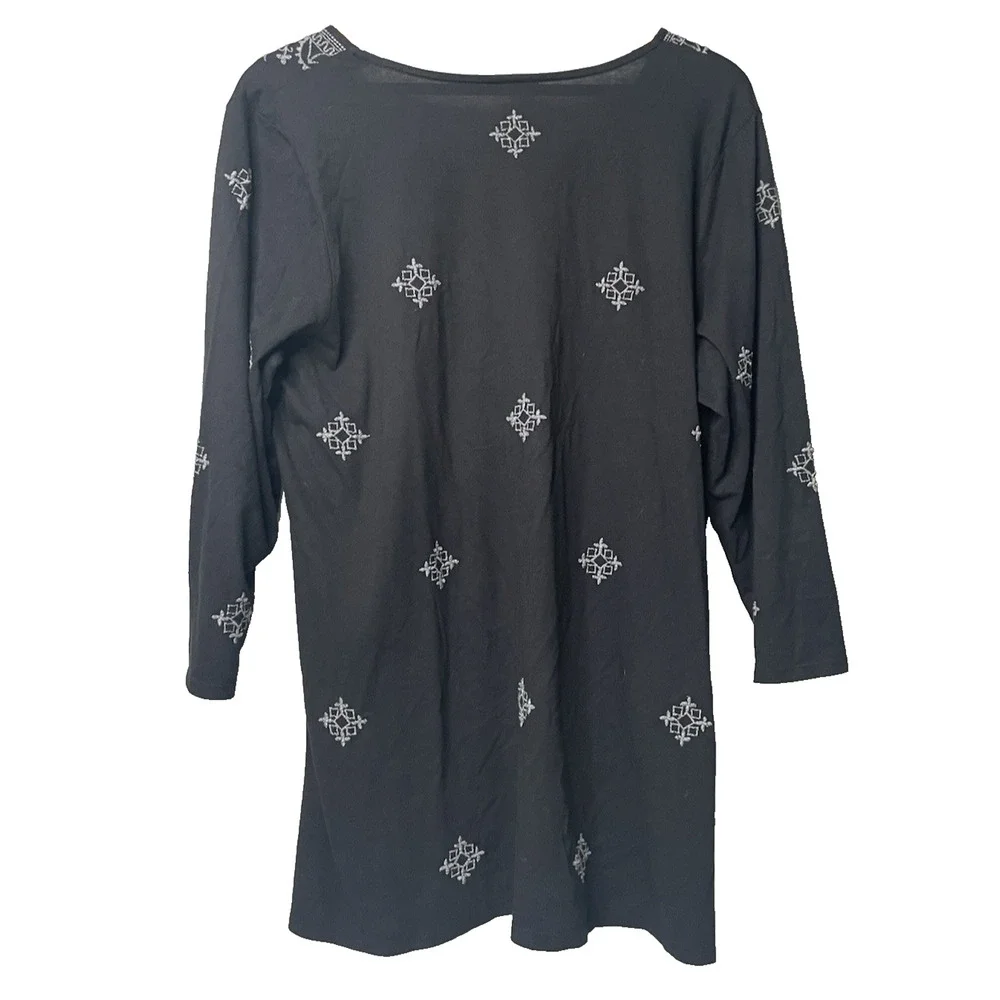 J. Jill Womens L Black Gray Embroidered Tunic Top 3/4 Sleeve Boho